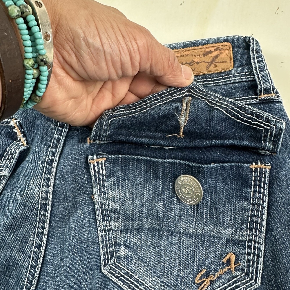 Seven 7 Womens Rocker Slim Jeans 26x27 Blue Stretch Flap Back Pockets Tag Sz 25 - Picture 15 of 16